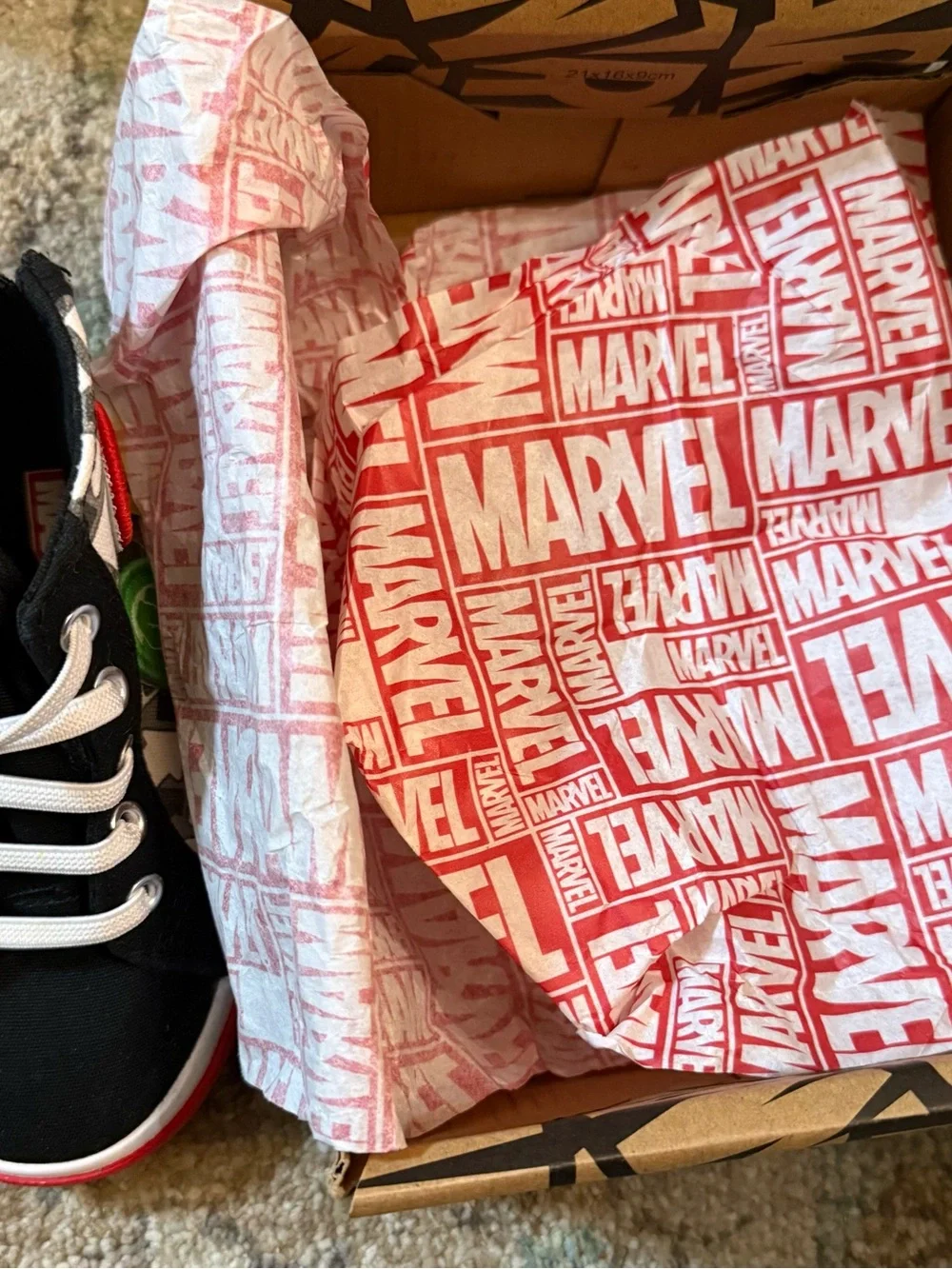 NWT Marvel Kids Black and Red High-Top Sneakers with Superhero Patches